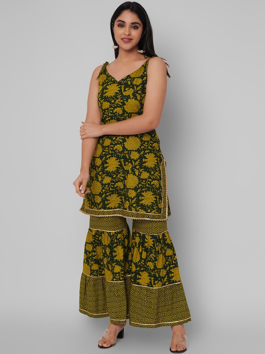 Kalini Women Green Floral Printed Gotta Patti Kurta with Sharara - Distacart