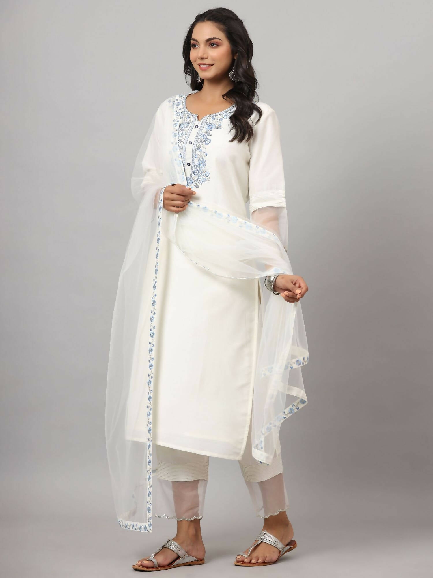Juniper Women's White Chinnon Solid Embroidered Kurta Set - Distacart