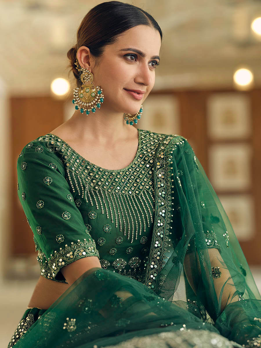 Myra Green Soft Net Embroidered Lehenga - Distacart
