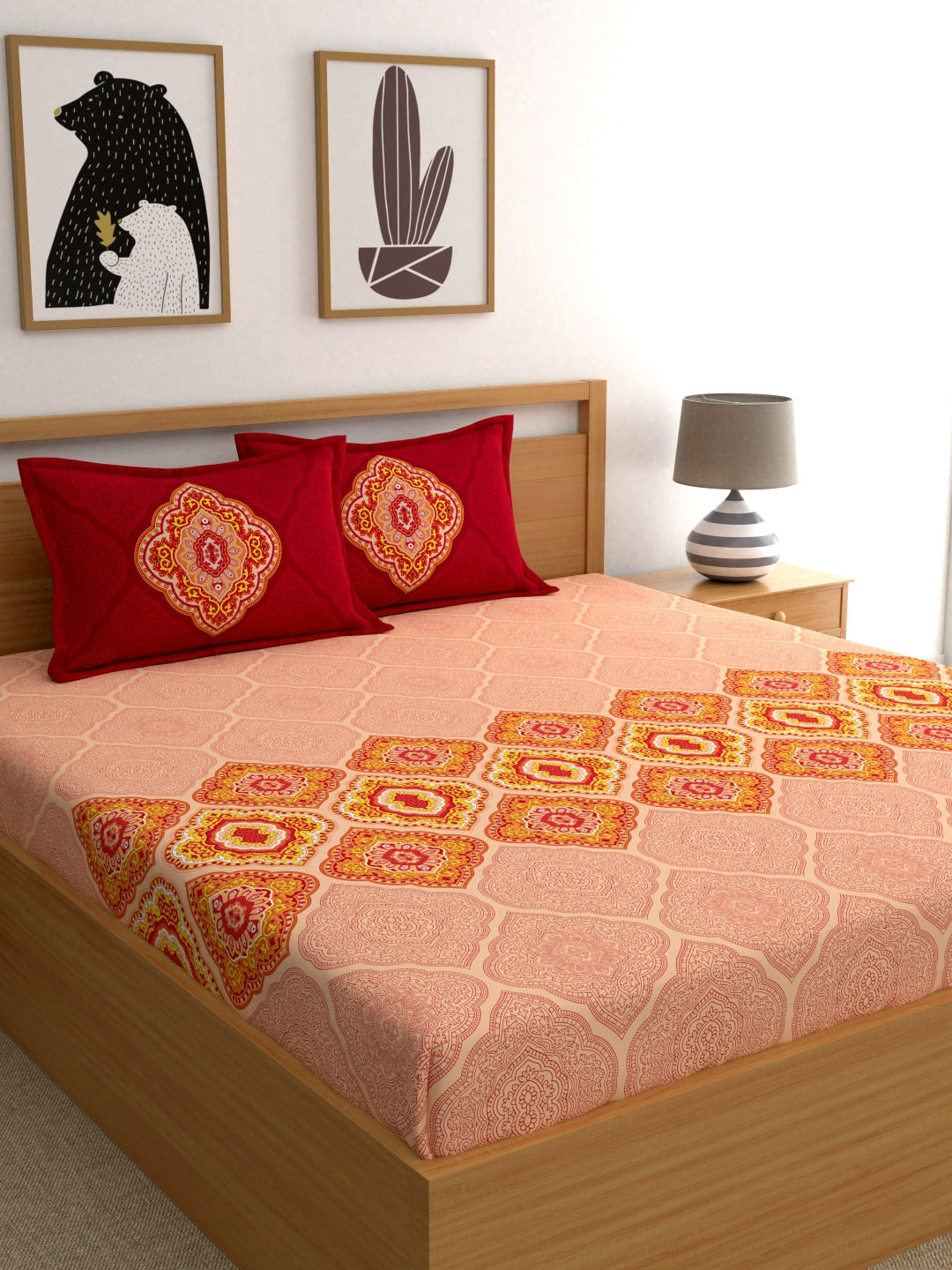 Dreamscape Pink Ethnic Motifs 144 TC Cotton 1 Queen Bedsheet with 2 Pillow Covers - Distacart
