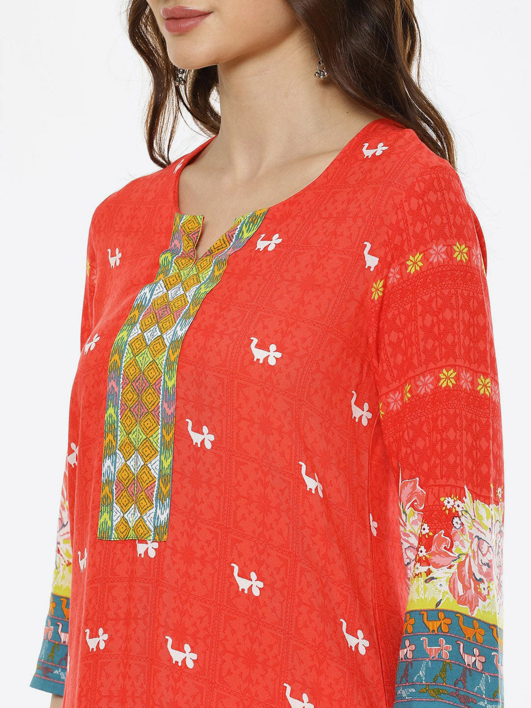 Biba Women Red Ethnic Motifs Printed Kurti with Trousers & With Dupatta Kurta Set - Distacart