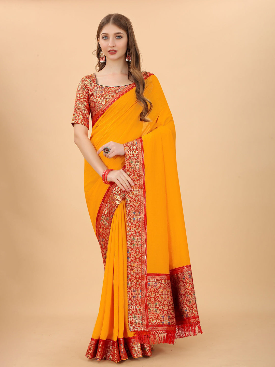 Kalini Yellow & Red Pure Silk Saree - Distacart