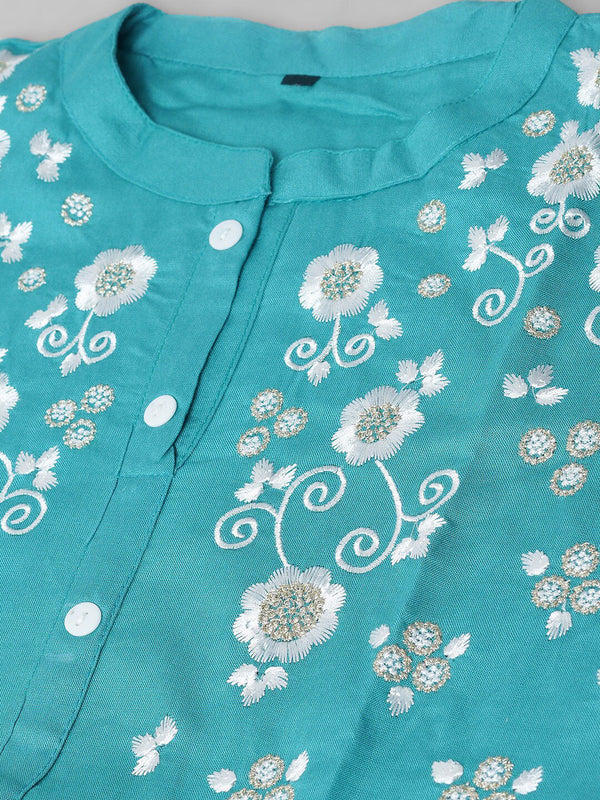 Kalini Women Sea Green Printed Flared Sleeves Thread Work Handloom Kurta - Distacart