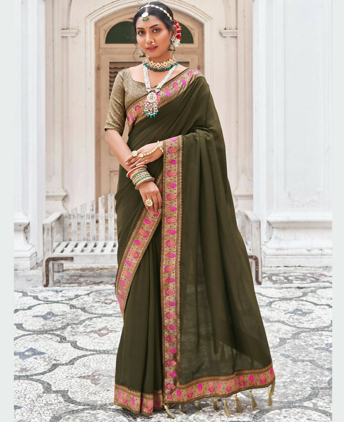 Olive Vichitra Solid Saree With Unstitched Blouse Piece - Juhi - Distacart