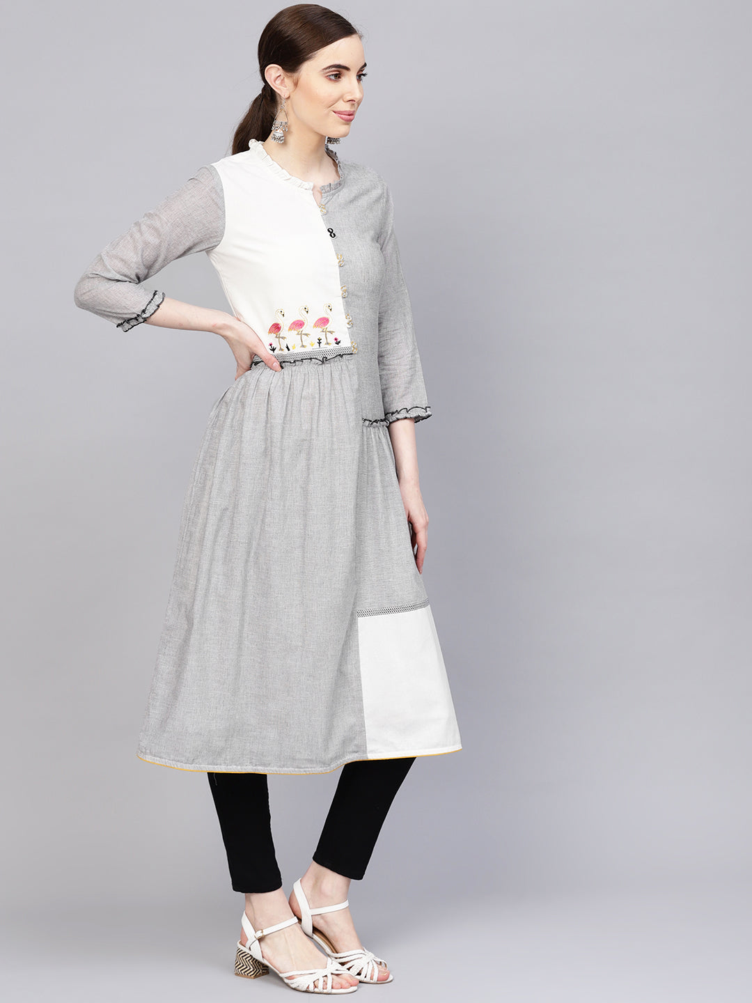 Biba Women Grey & White Colourblocked Tiered A-Line Kurta - Distacart