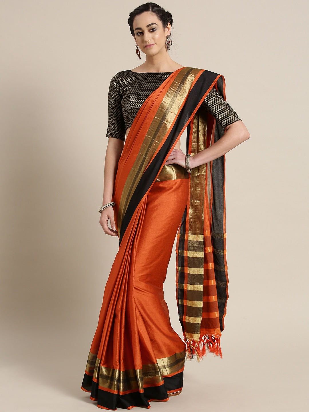 Saree Mall Rust Orange Solid Saree - Distacart