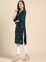 Thumbnail for Sangria Teal Blue & Golden Embroidered Regular Kurta - Distacart