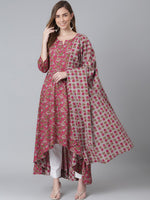 Thumbnail for Khushal K Women Maroon Cotton Floral Printed Kurta With Dupatta - Distacart