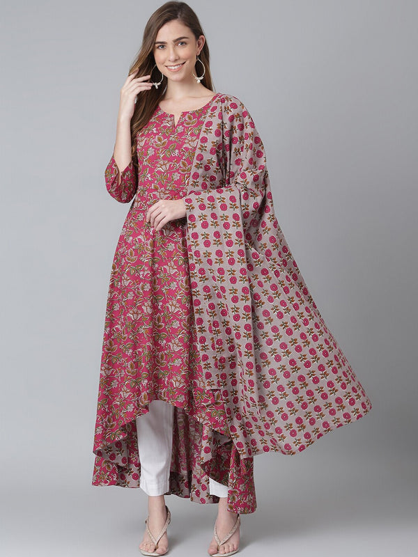 Khushal K Women Maroon Cotton Floral Printed Kurta With Dupatta - Distacart