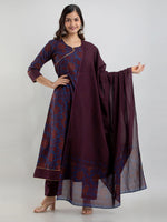 Thumbnail for Kalini Women Coffee Brown Ethnic Motifs Printed Angrakha Kurta with Churidar & With Dupatta - Distacart