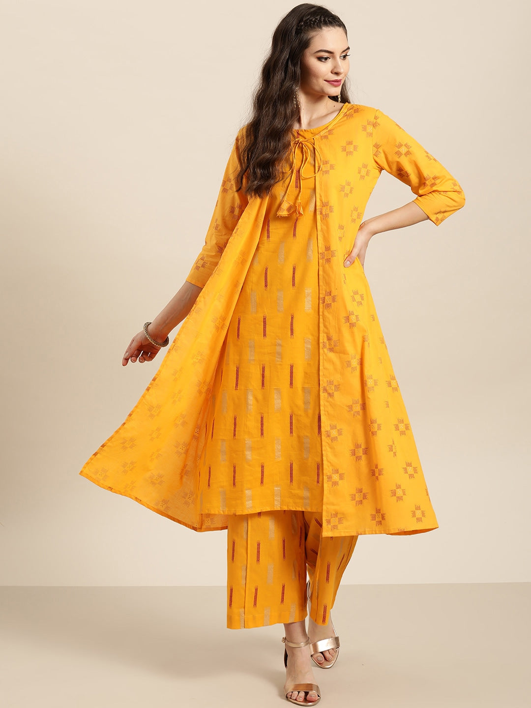 Sangria Women Mustard Yellow & Red Pure Cotton Printed Kurta with Palazzos - Distacart