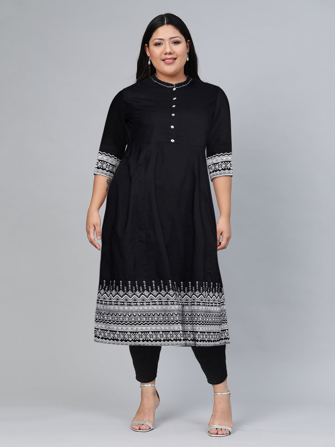 Biba Women Black & White Pure Cotton Solid Kurta With Printed Border - Distacart