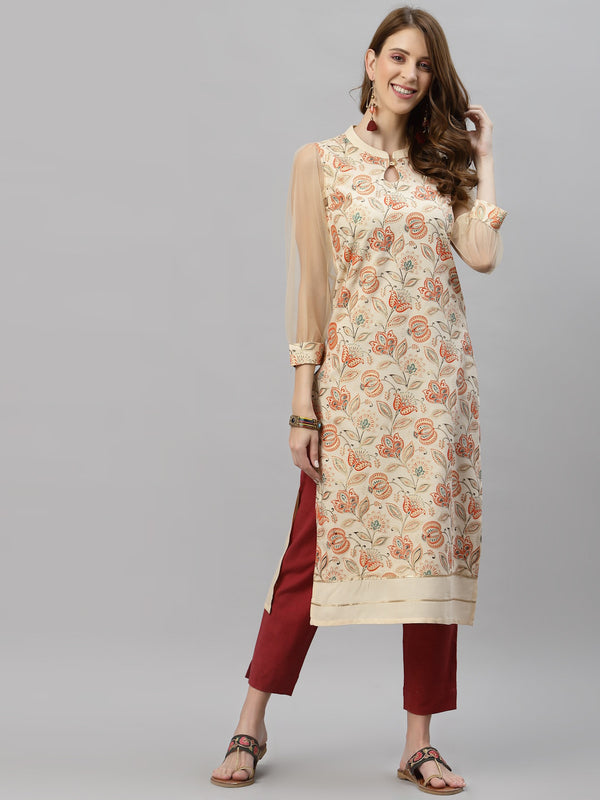 Kalini Women Cream-Coloured Floral Printed Keyhole Neck Kurta - Distacart