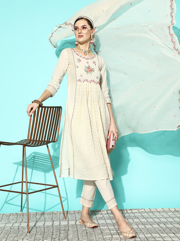 Sangria Women Floral Embroidered Sequinned Pure Cotton Kurta with Trousers & With Dupatta - Distacart