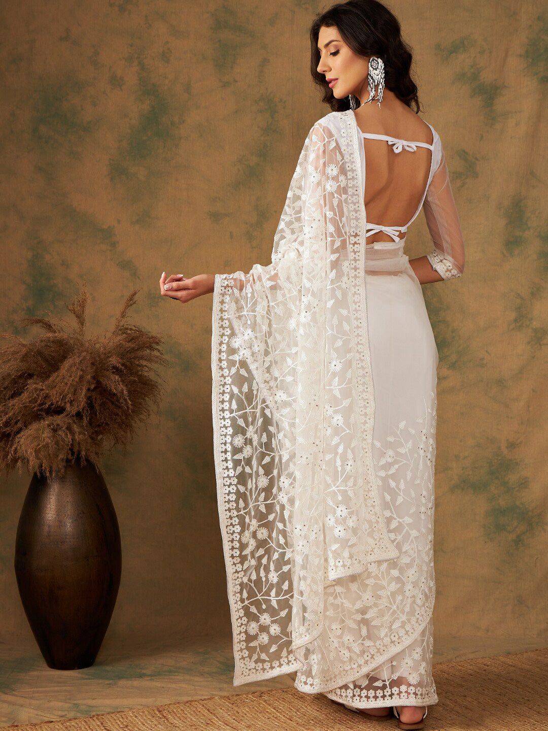 Sangria Embroidered Net Sarees - Distacart