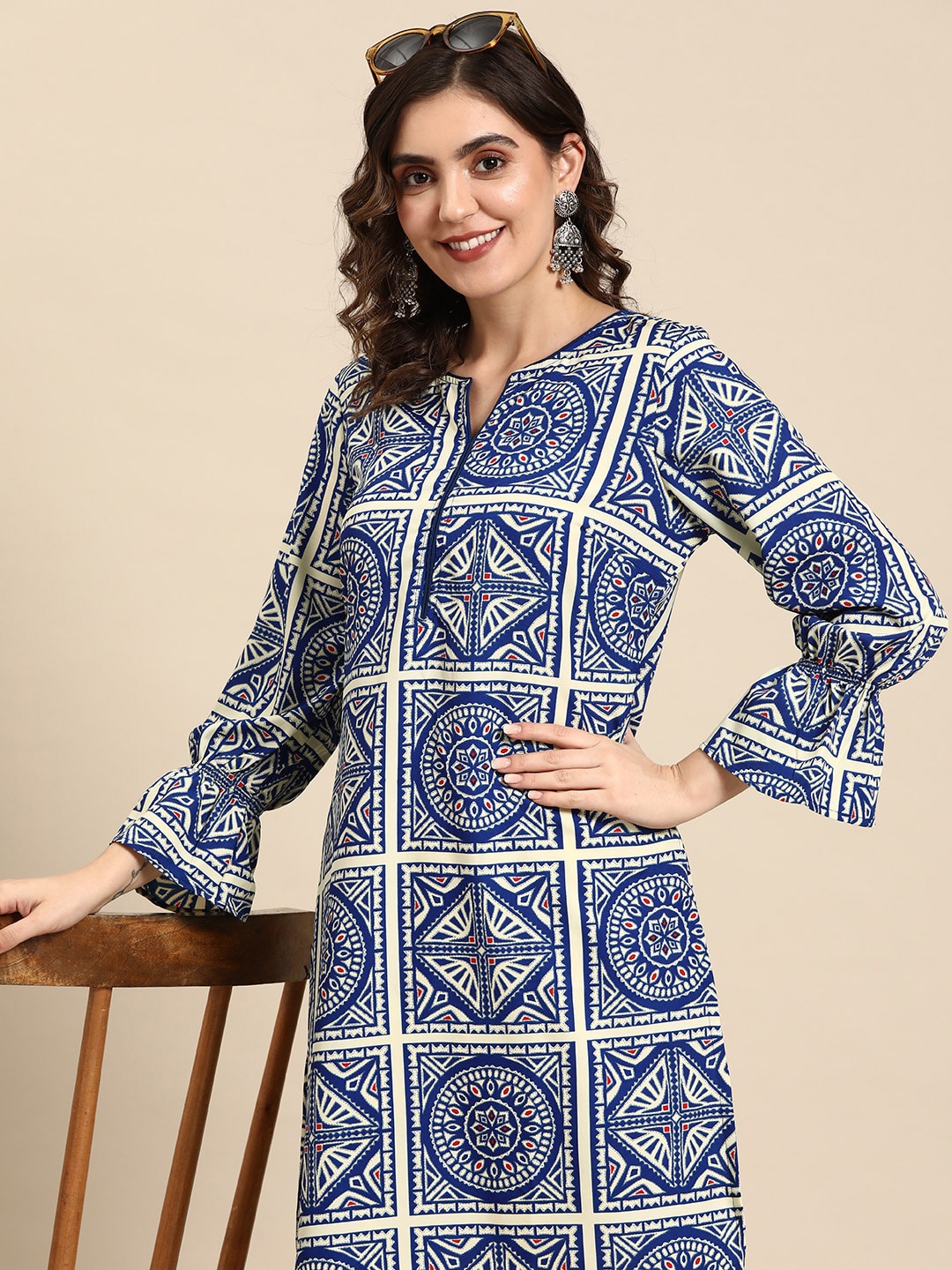 Sangria Ethnic Motifs Printed Puff Sleeves Kurta with Dhoti Pants - Distacart
