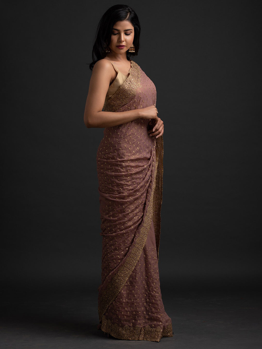 Koskii Mauve & Gold-Toned Embellished Zari Saree - Distacart