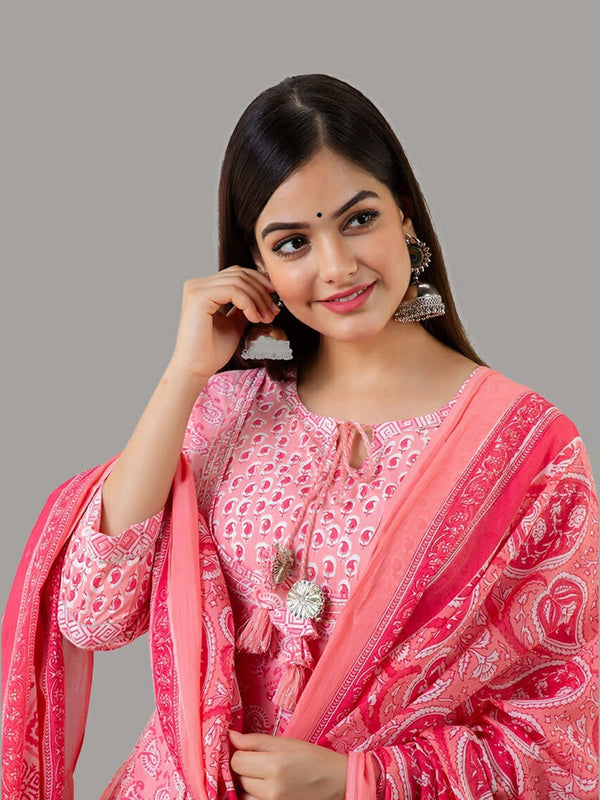 Kalini Women Pink Floral Printed Empire Pure Cotton Kurta & Trousers With Dupatta - Distacart