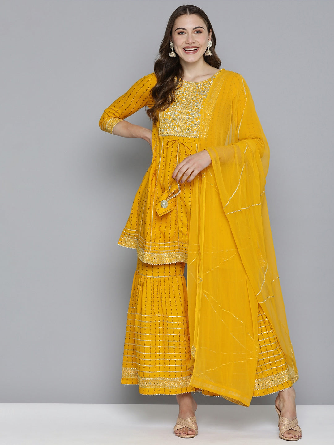 HERE&NOW Gotta Patti Pure Cotton Kurta with Sharara With Dupatta - Distacart