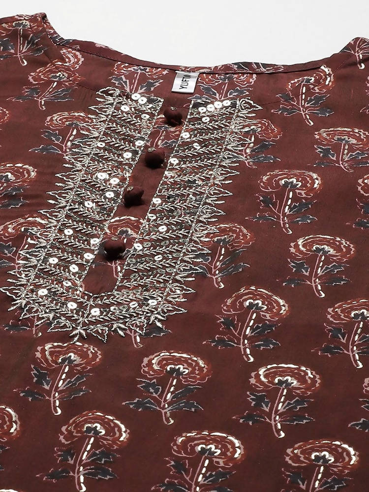 Yufta Women Maroon Floral Printed Regular Kurta with Palazzo & With Dupatta