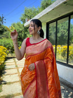 Thumbnail for Mitera Orange Ethnic Motif Woven Design Zari Paithani Saree - Distacart