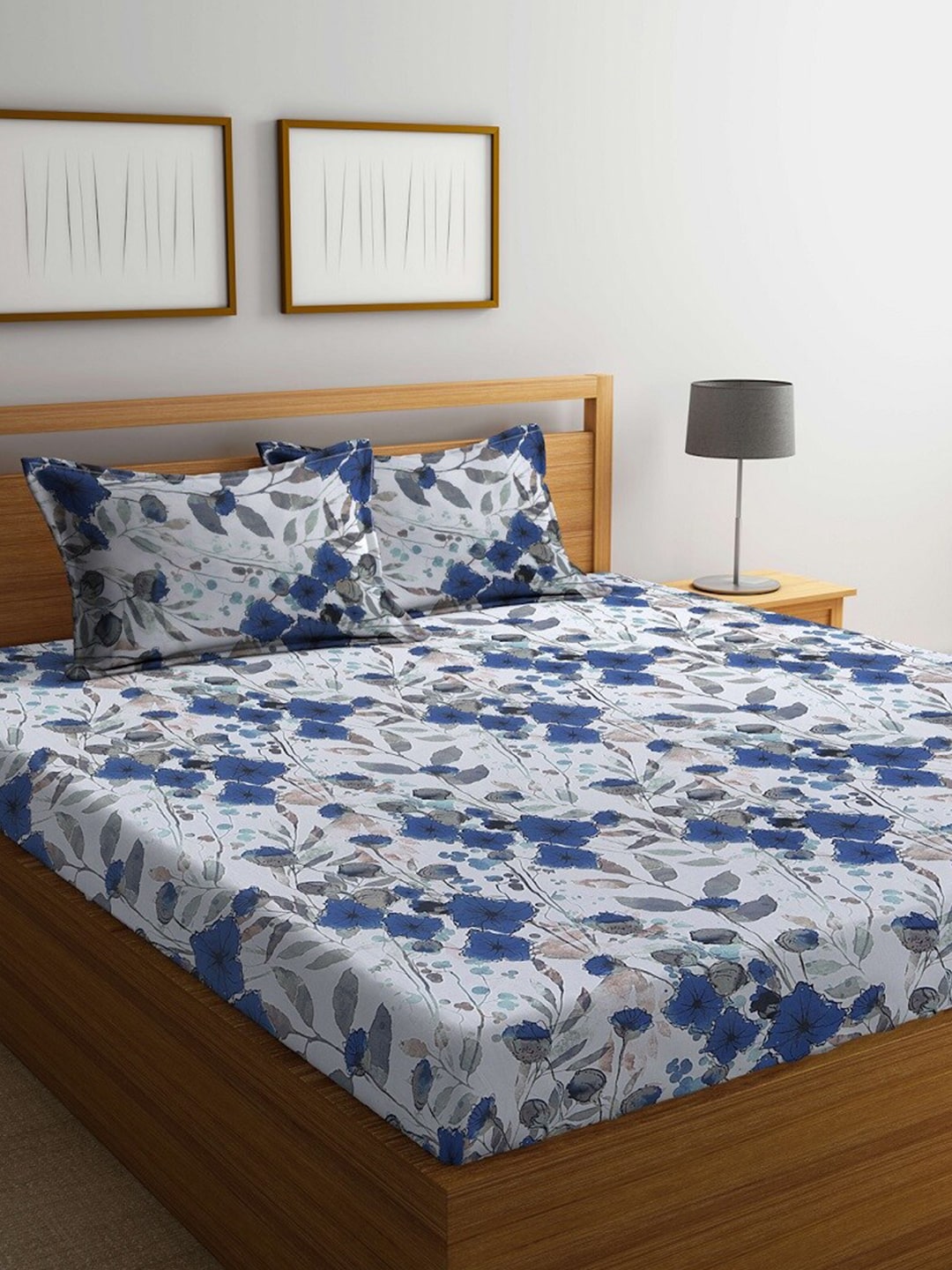BOMBAY DYEING Blue & White Floral Cotton 144 TC Queen Bedsheet With 2 Pillow Covers - Distacart