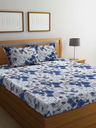 BOMBAY DYEING Blue & White Floral Cotton 144 TC Queen Bedsheet With 2 Pillow Covers - Distacart