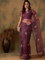 Thumbnail for Sangria Purple Floral Embroidered Beads and Stones Embellished Net Saree - Distacart