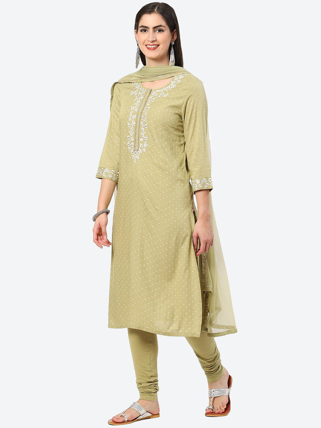 Biba Floral Embroidered Gotta Patti Kurta with Churidar & Dupatta - Distacart