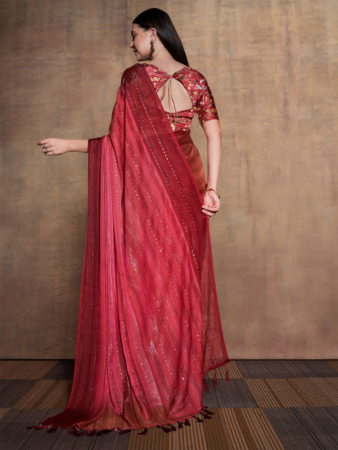 Mitera Maroon & Gold-Toned Striped Sequinned Pure Chiffon Saree - Distacart