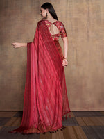 Thumbnail for Mitera Maroon & Gold-Toned Striped Sequinned Pure Chiffon Saree - Distacart