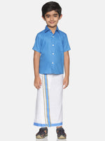 Thumbnail for Sethukrishna Boys Blue & White Solid Shirt and Veshti Set - Distacart