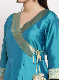 Thumbnail for Myshka Women's Green Silk Solid 3/4 Sleeve V Neck Casual Anarkali Gown