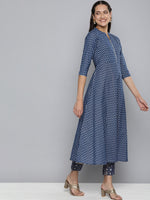 Thumbnail for HERE&NOW Women Navy Blue Ethnic Motifs Printed Pure Cotton Kurta with Trousers & With Dupatta - Distacart