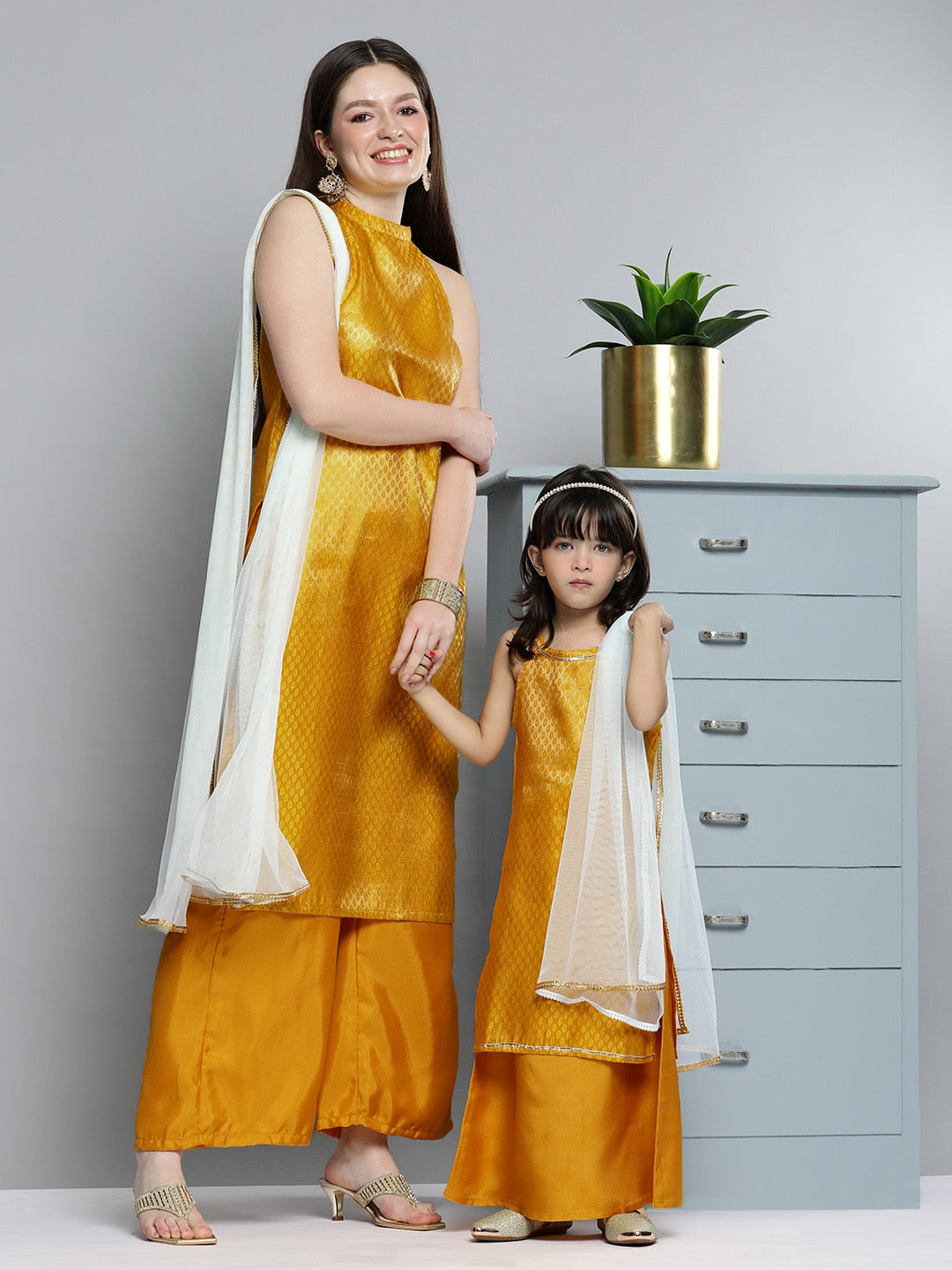 HERE&NOW Women Mustard Yellow Ethnic Motifs Kurta with Palazzos & With Dupatta - Distacart