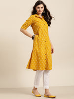 Thumbnail for Sangria Women Mustard Yellow & White Floral Print A-Line Kurta - Distacart
