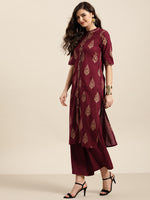 Thumbnail for Sangria Women Maroon & Golden Pure Cotton Printed Kurta with Palazzos - Distacart