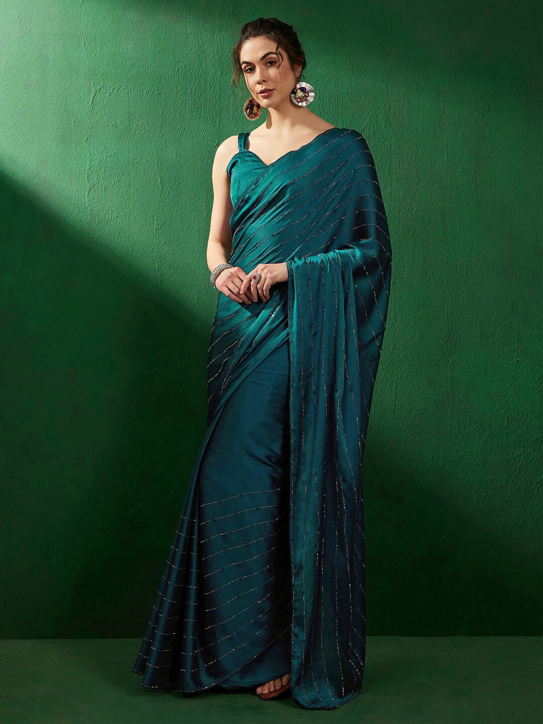 Sangria Striped Embellished Satin Beads and Stones Saree - Distacart