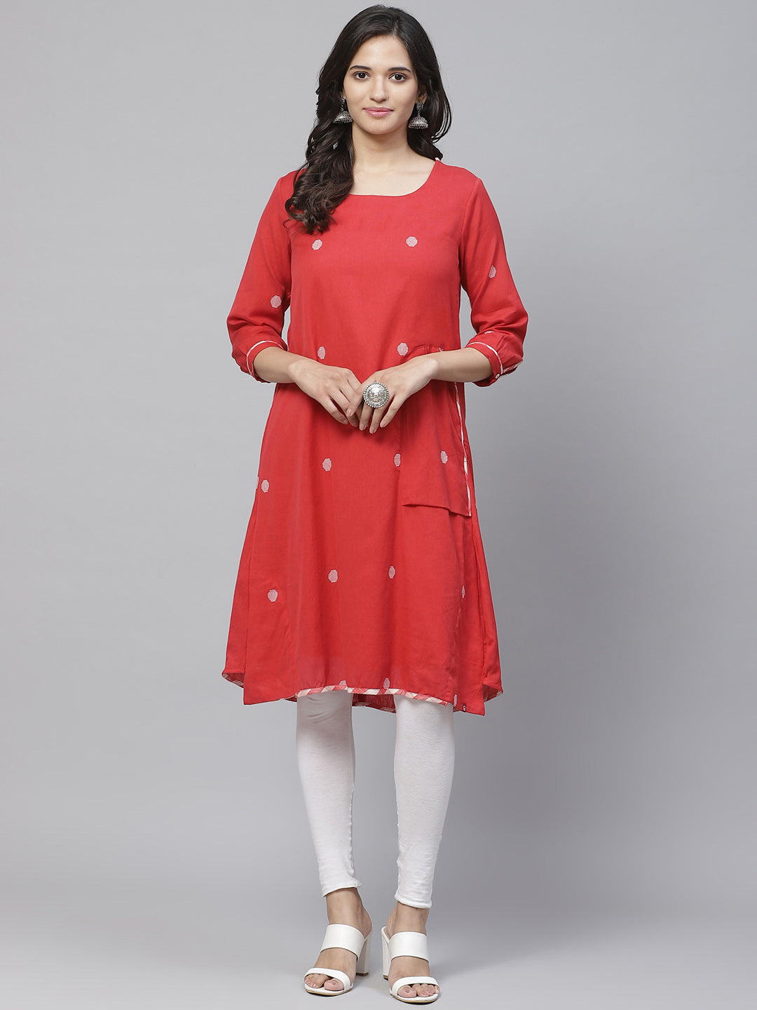 Biba Women Red & White Woven Design Asymmetric A-Line Kurta - Distacart