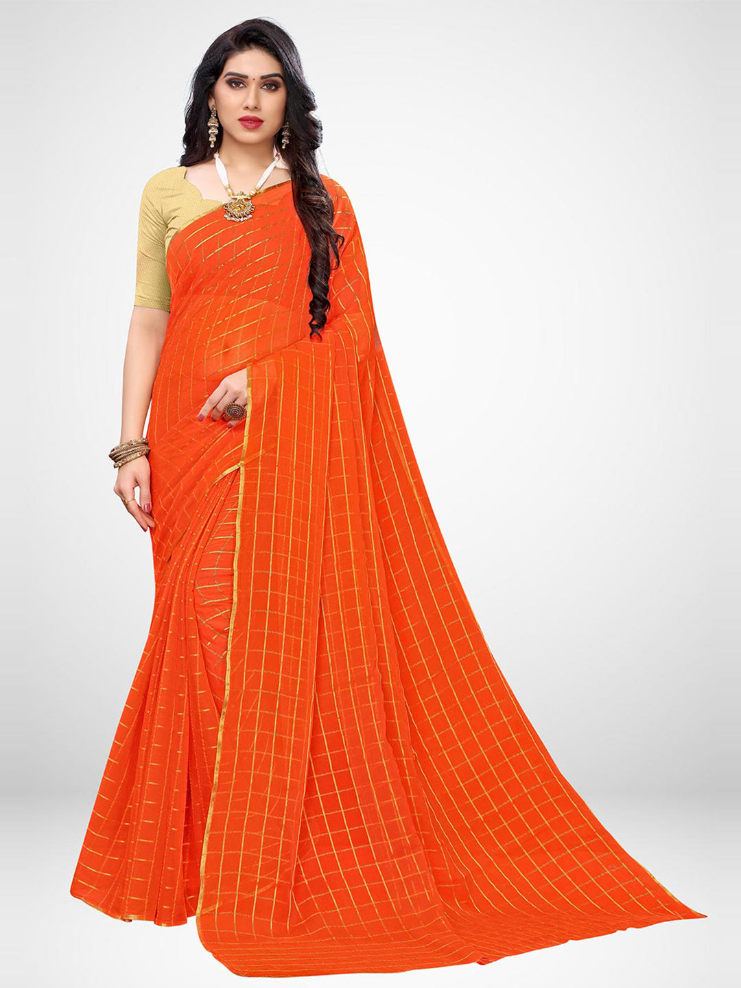 Kalini Orange & Gold-Toned Checked Chiffon Zari Saree - Distacart