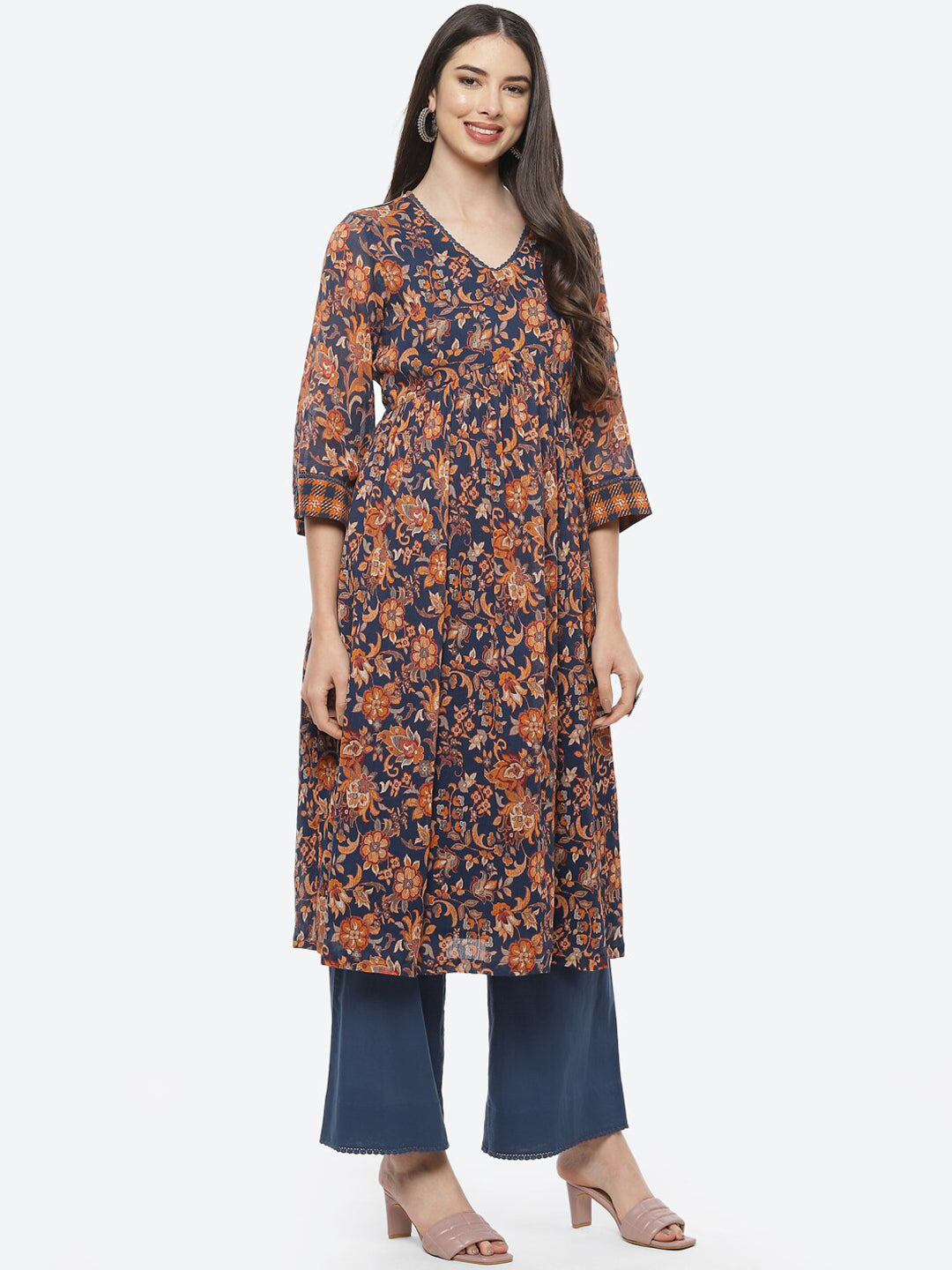 Biba Women Blue Floral Printed Pure Cotton Kurti with Palazzos - Distacart
