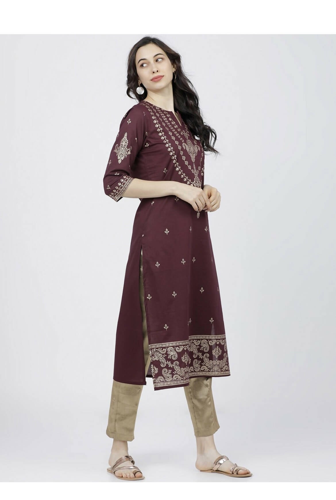 Cheera Embellished Daily Wear Cotton Blend Kurta - Dark Brown - Distacart