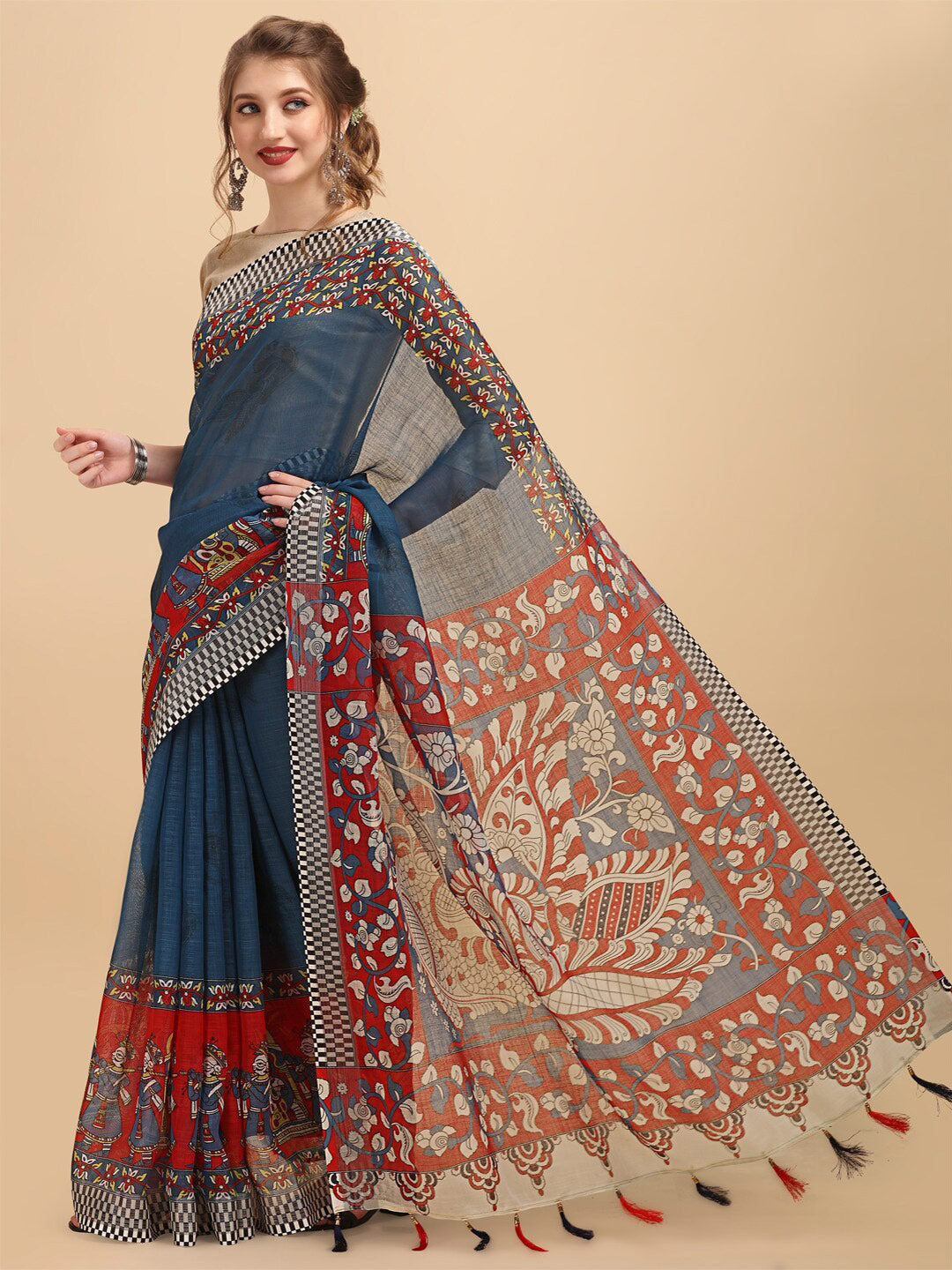 Sangria Ethnic Motif Printed Pure Linen Saree - Distacart