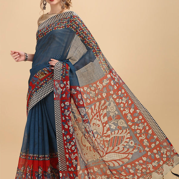 Sangria Ethnic Motif Printed Pure Linen Saree - Distacart