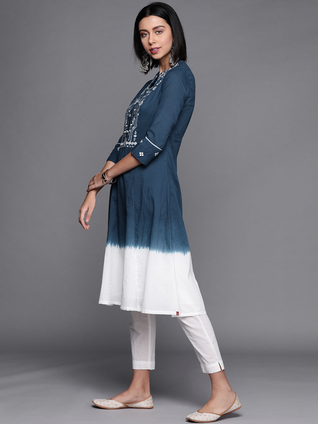 Biba Women Navy Blue & White Geometric Yoke Design Dyed Cotton Indigo Kurta - Distacart