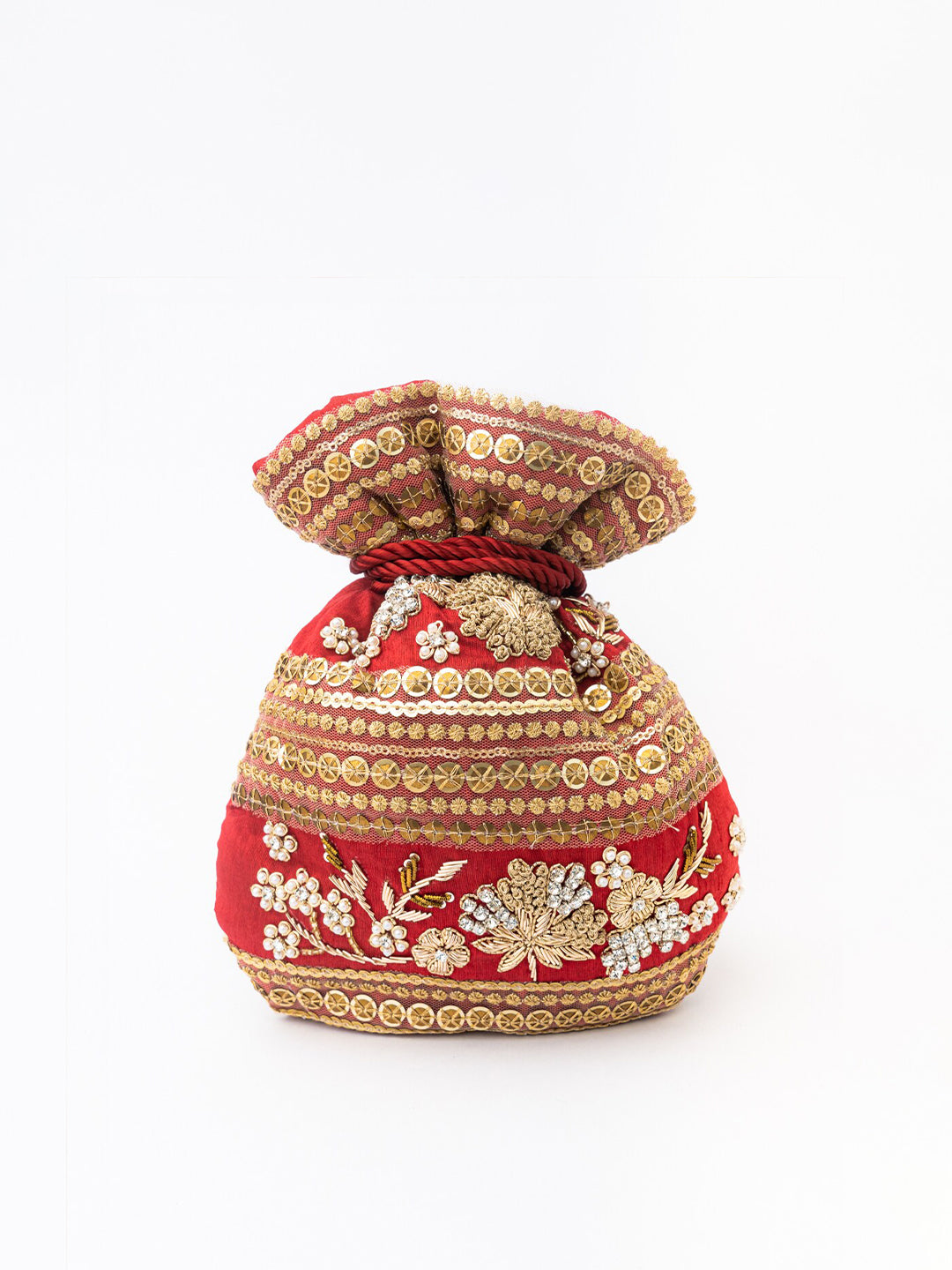 NR By Nidhi Rathi Maroon & Gold-Toned Persia Embroidered Potli Clutch - Distacart