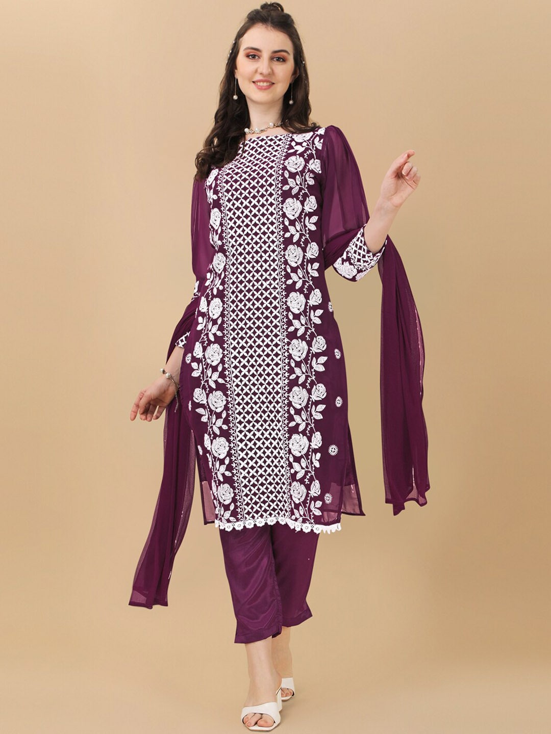 HERE&NOW Floral Embroidered Chikankari Kurta with Trousers & Dupatta - Distacart
