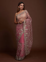 Thumbnail for Koskii Pink & Silver-Toned Floral Zari Supernet Saree - Distacart