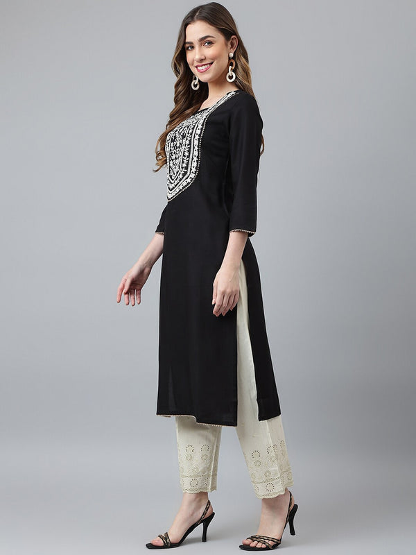 Khushal K Women Black & White Floral Yoke Design Kurta - Distacart