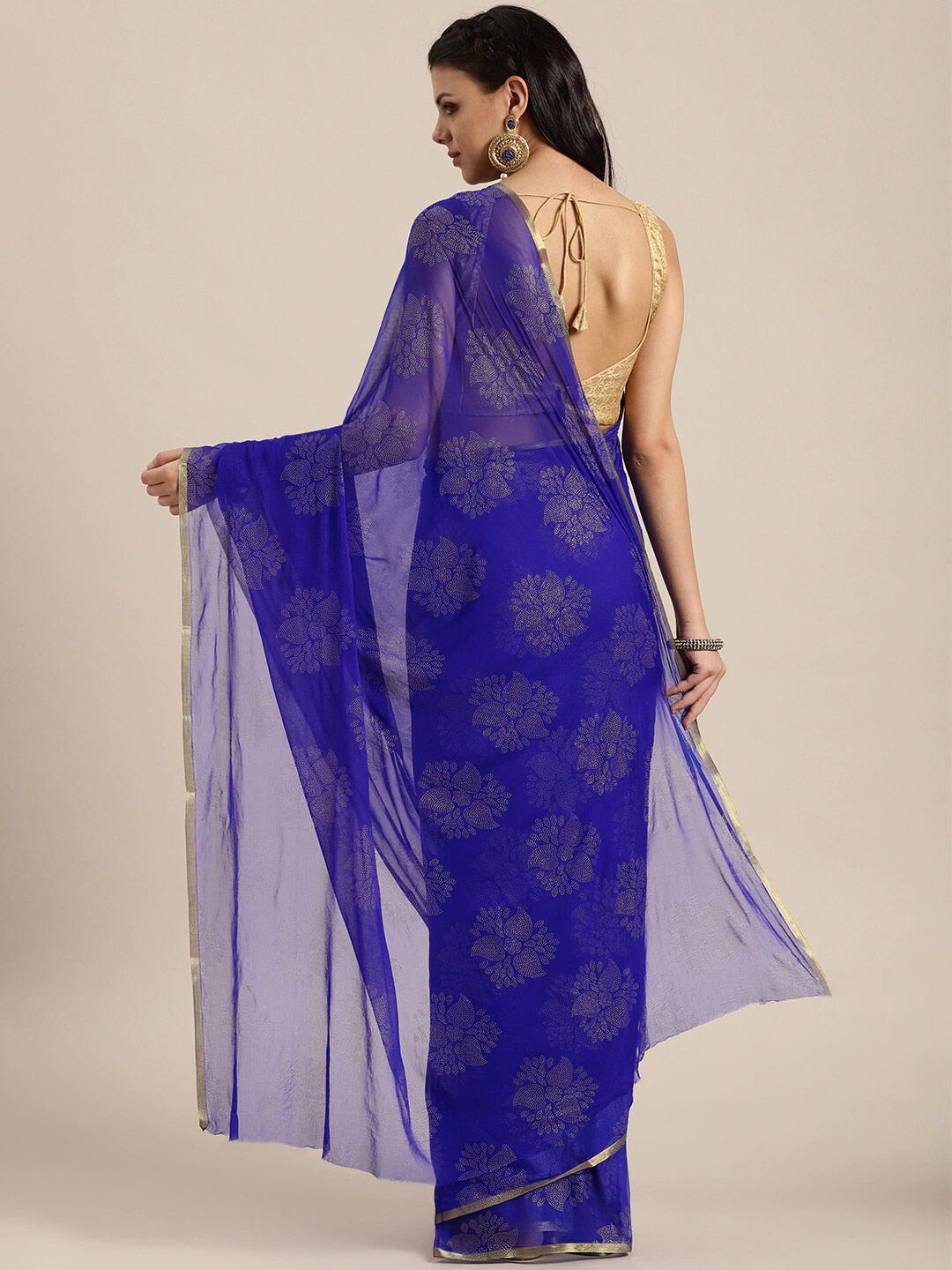 Saree Mall Blue & Gold-Toned Ethnic Motifs Sarees - Distacart
